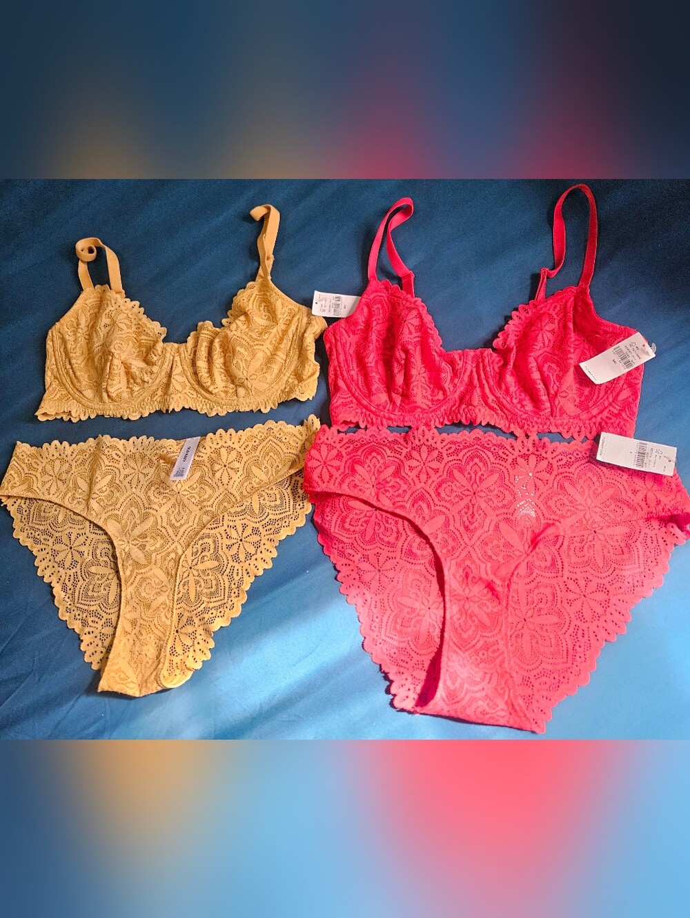 Lace Balconette Bra & High-Waist Brief Set in Mustard and Red